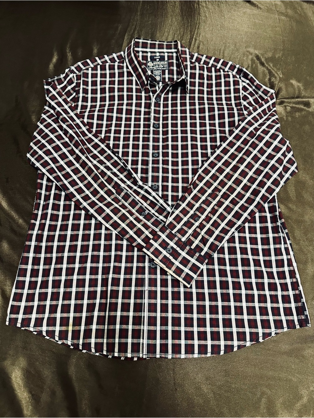 Vtg Y2K Classic American Rag Men's Burgundy and White Plaid Button-Down Shirt